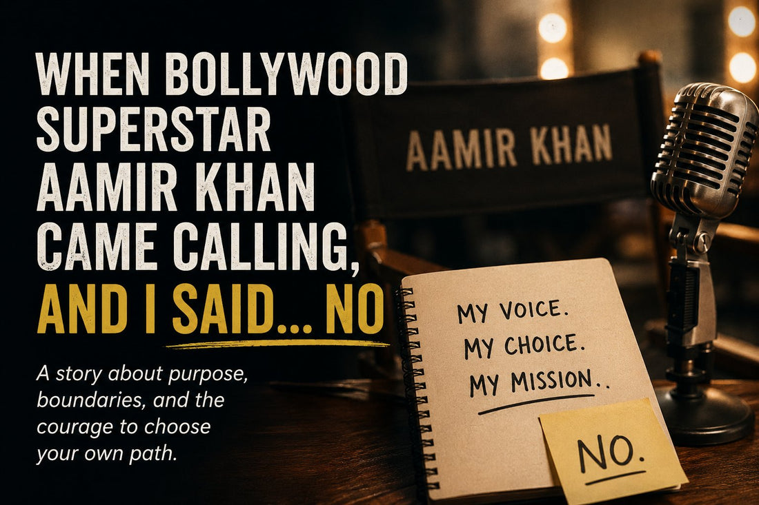 When Bollywood Superstar Aamir Khan Came Calling, And I Said No — director's chair and vintage microphone, blog banner by Rasana Atreya