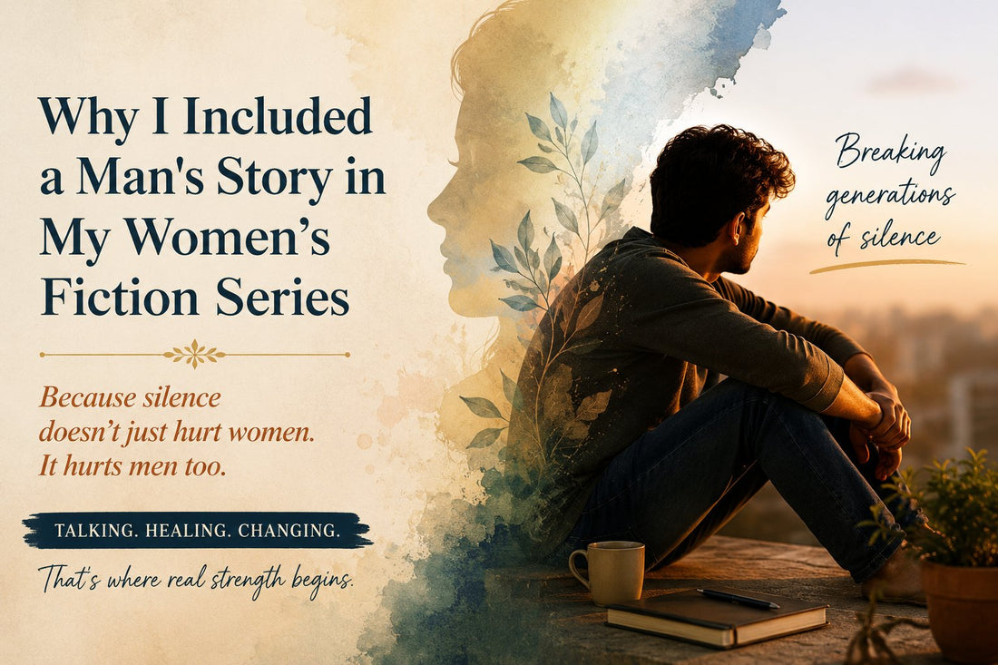 Why I Included a Man's Story in My Women's Fiction Series — a man sits in golden evening light, blog banner by Rasana Atreya